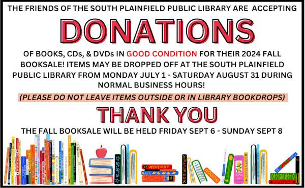 Donations of books, cds & dvds in good condition now being accepted for the Friends Annual Booksale