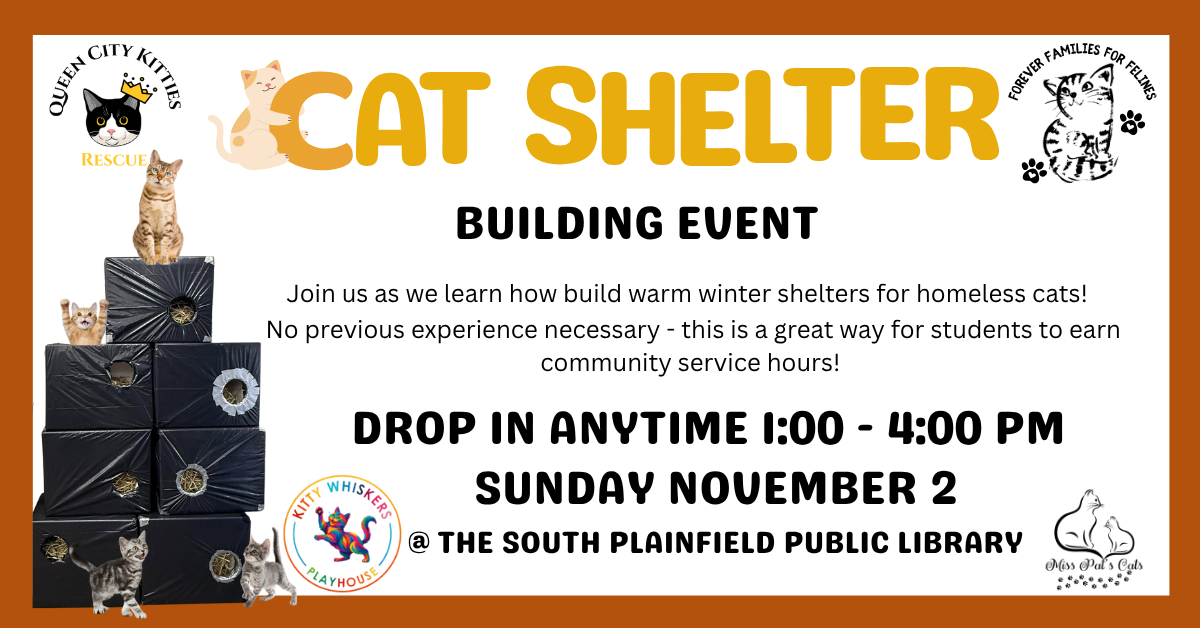 Cat Shelter Building Workshop, Sunday November 2 from 1 - 4 PM; for teens & adults.