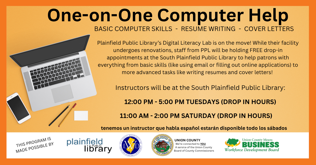 Free computer one-on-one sessions at South Plainfield Library by Plainfield Public Library staff